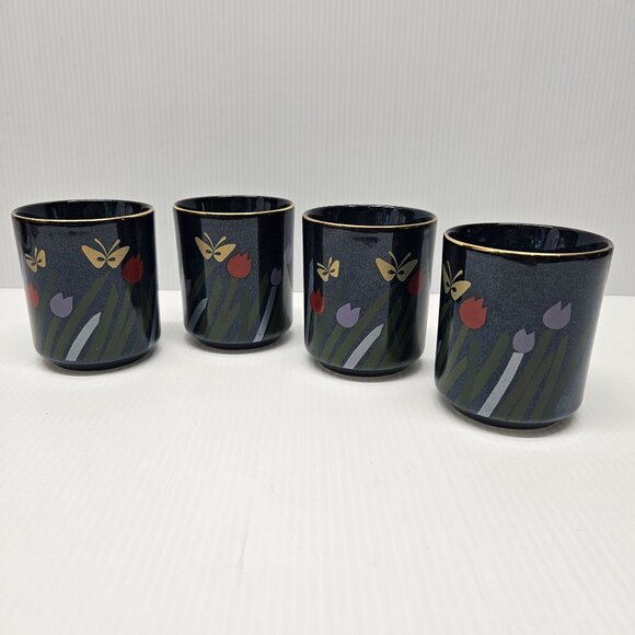 Vintage Otagiri Japan Tulips and Butterflies Sake 4oz Tea Cup Set of 4 - Picture 1 of 4